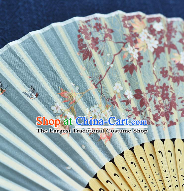 Handmade Chinese Green Bamboo Accordion Fan Blue Silk Fans Printing Folding Fan