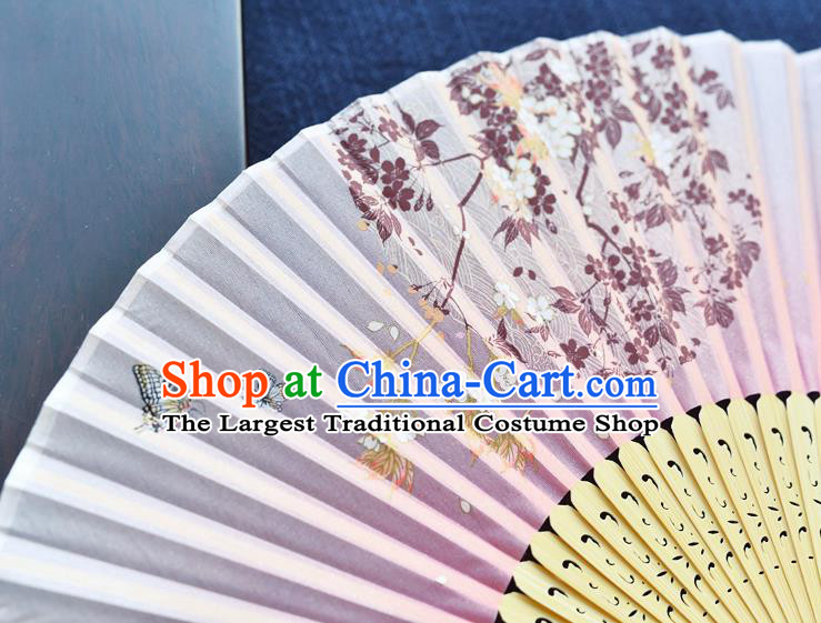 Handmade Chinese Printing Folding Fan Bamboo Accordion Fan Pink Silk Fans