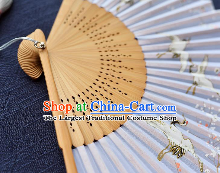 Handmade Chinese Printing Plum Cranes Folding Fan Bamboo Accordion Fan Lilac Silk Fans