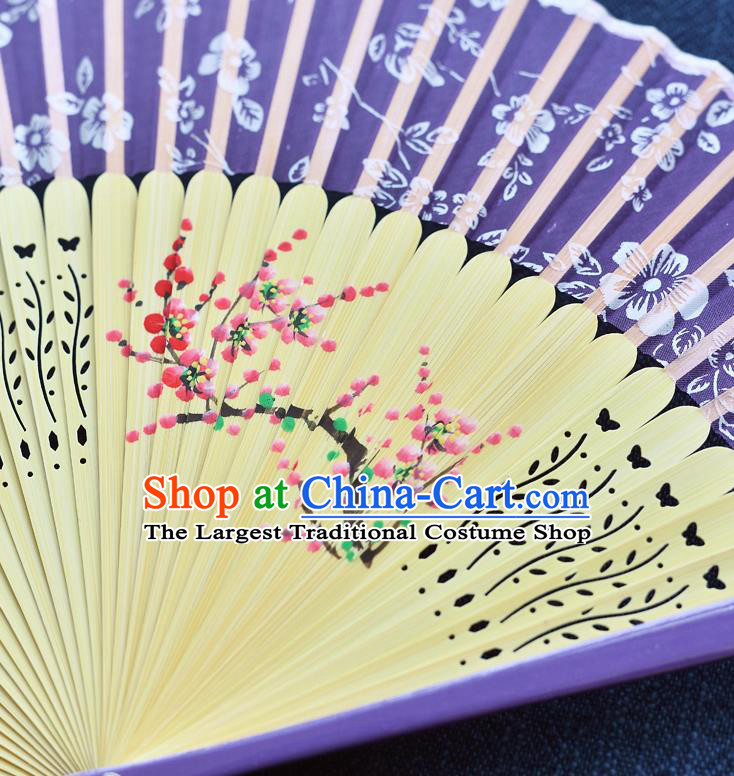 Handmade Chinese Purple Silk Fans Printing Plum Blossom Folding Fan Bamboo Accordion Fan