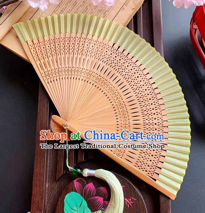 Chinese Handmade Fan Carving Bamboo Folding Fan Classical Light Green Silk Accordion