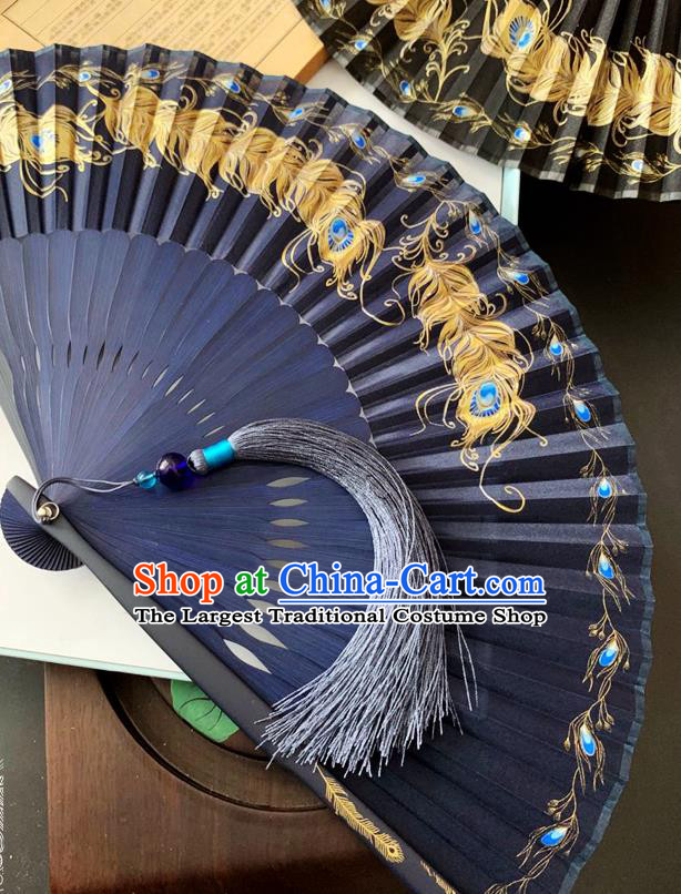 Chinese Printing Peacock Feather Folding Fan Handmade Bamboo Fan Classical Blue Silk Accordion Fans