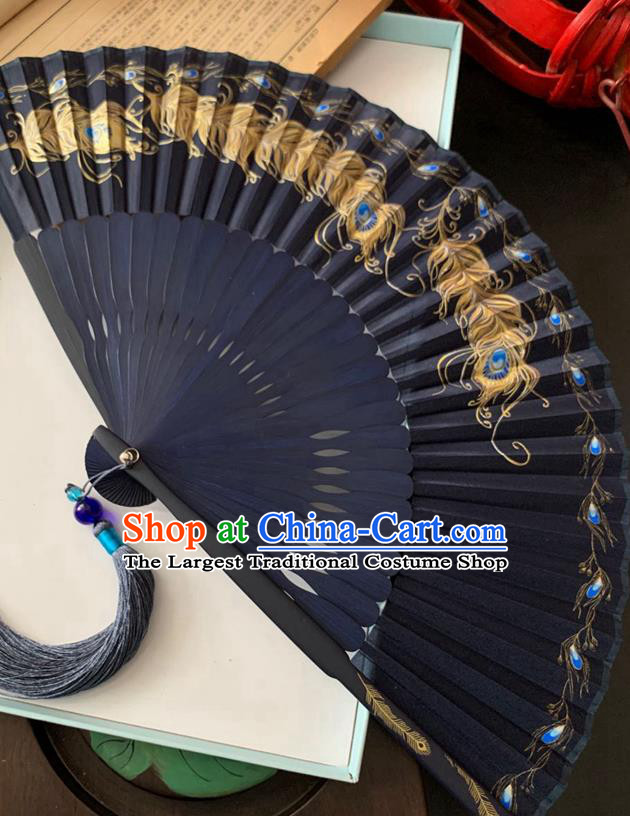 Chinese Handmade Bamboo Fan Classical Navy Blue Silk Accordion Fans Printing Peacock Feather Folding Fan