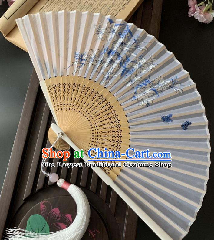 Chinese Classical Dance Silk Accordion Printing Orchids Butterfly Folding Fan Handmade Bamboo Fan