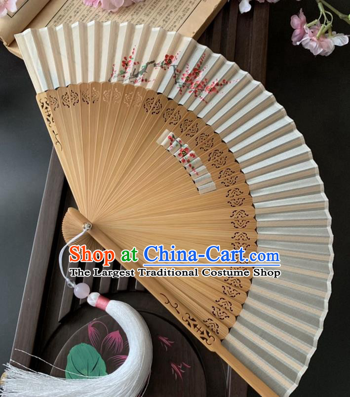 Chinese Printing Plum Blossom Folding Fan Handmade Hollowed Bamboo Fan Classical Dance White Silk Accordion