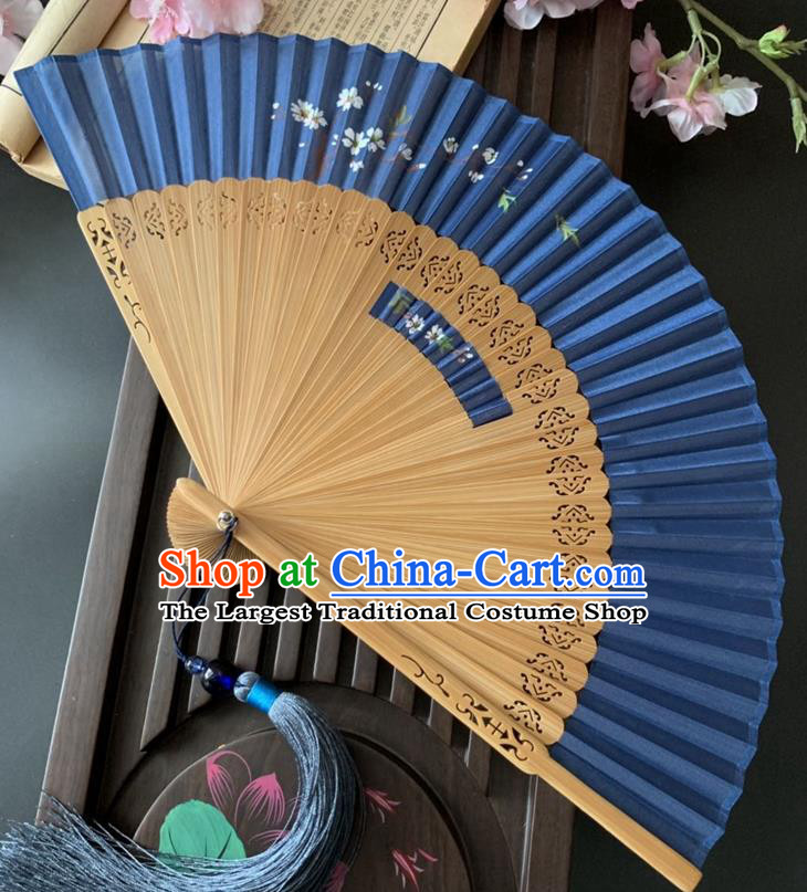 Chinese Printing Sakura Folding Fan Handmade Hollowed Bamboo Fan Classical Dance Royalblue Silk Accordion
