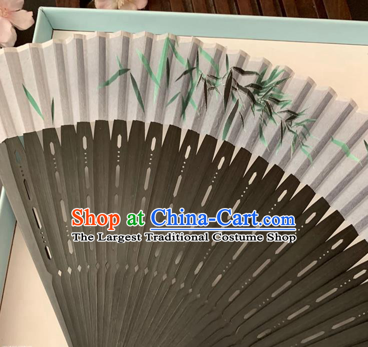 Chinese Classical Dance Grey Silk Accordion Printing Bamboo Leaf Folding Fan Handmade Hollowed Fan