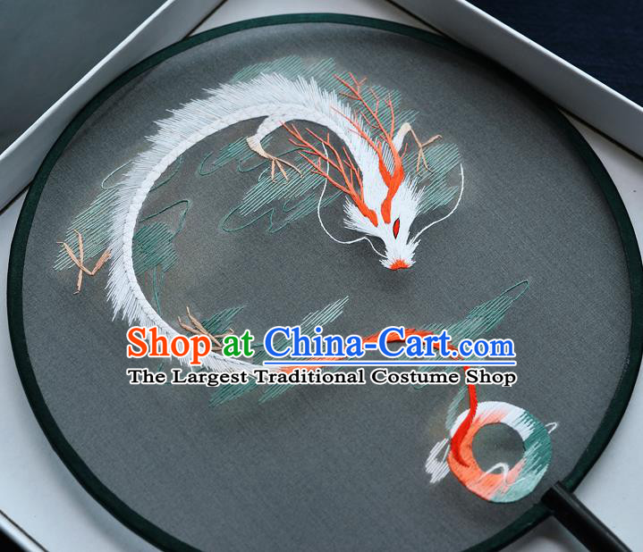 China Handmade Green Silk Fan Classical Dance Circular Fan Traditional Embroidered Dragon Palace Fan