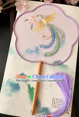 China Handmade Pink Silk Fan Traditional Classical Embroidered Phoenix Fan Ancient Princess Palace Fan