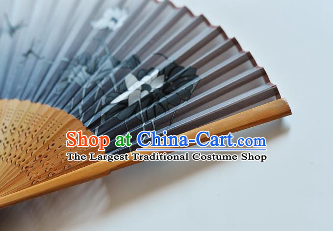 Handmade Chinese Printing Lotus Dragonfly Folding Fan Grey Silk Fans Classical Dance Accordion