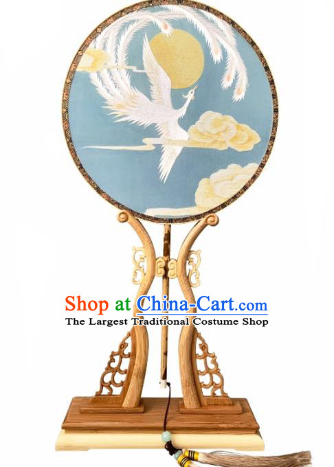 China Classical Embroidered Phoenix Circular Fan Dance Fans Handmade Palace Fan Traditional Hanfu Blue Silk Fan