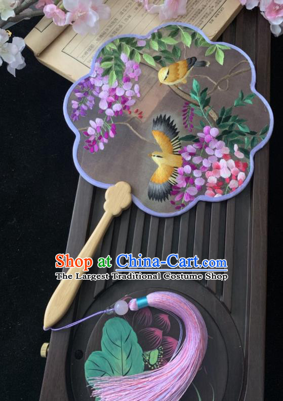 China Classical Embroidered Wisteria Fan Ancient Princess Palace Fan Handmade Traditional Hanfu Silk Fan