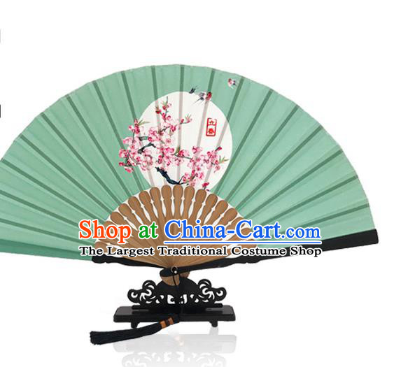 Handmade Chinese Printing Twenty Four Solar Terms Folding Fan Green Silk Fans Classical Dance The Beginning of Spring Accordion