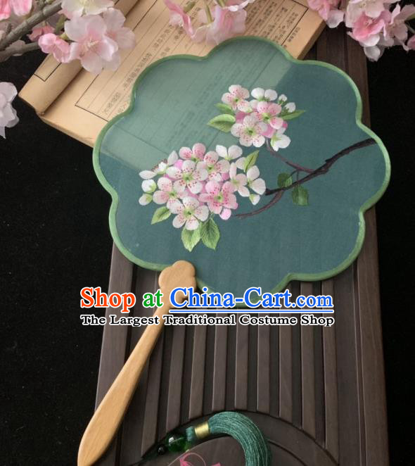 China Classical Embroidered Peach Blossom Fan Handmade Palace Fan Traditional Hanfu Green Silk Fan