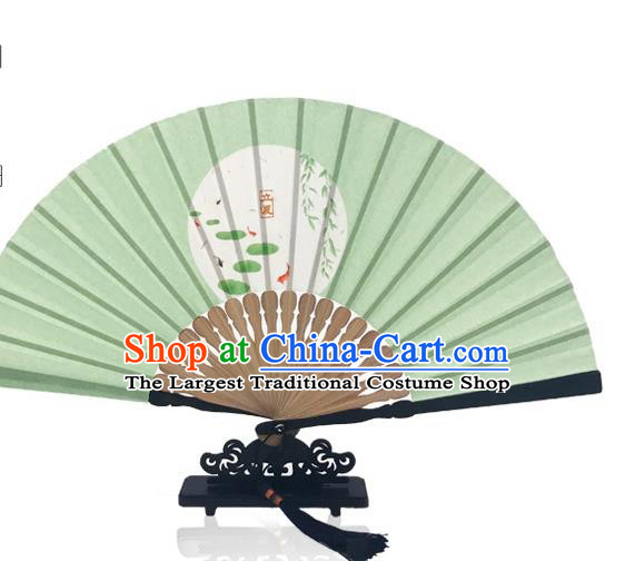 Handmade the Beginning of Summer Accordion Chinese Printing Twenty Four Solar Terms Folding Fan Classical Dance Green Silk Fan