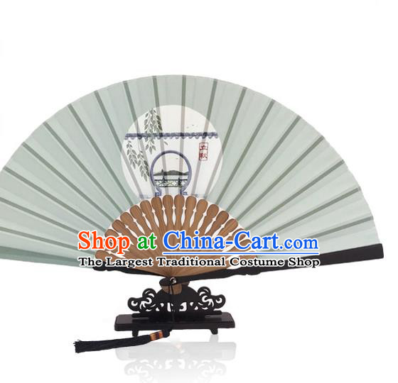 Grey Silk Fan Chinese Printing Twenty Four Solar Terms Folding Fan Handmade the Beginning of Autumn Accordion