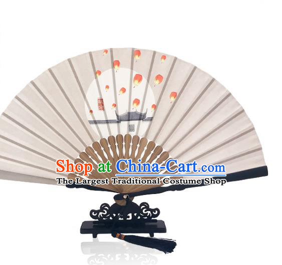 Chinese Sky Lantern Silk Fan Printing Twenty Four Solar Terms Folding Fan Handmade the Autumnal Equinox Accordion