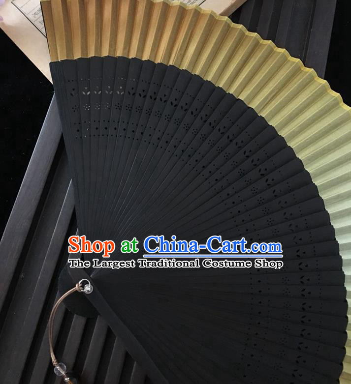 Chinese Black Bamboo Fan Handmade Accordion Golden Silk Folding Fan