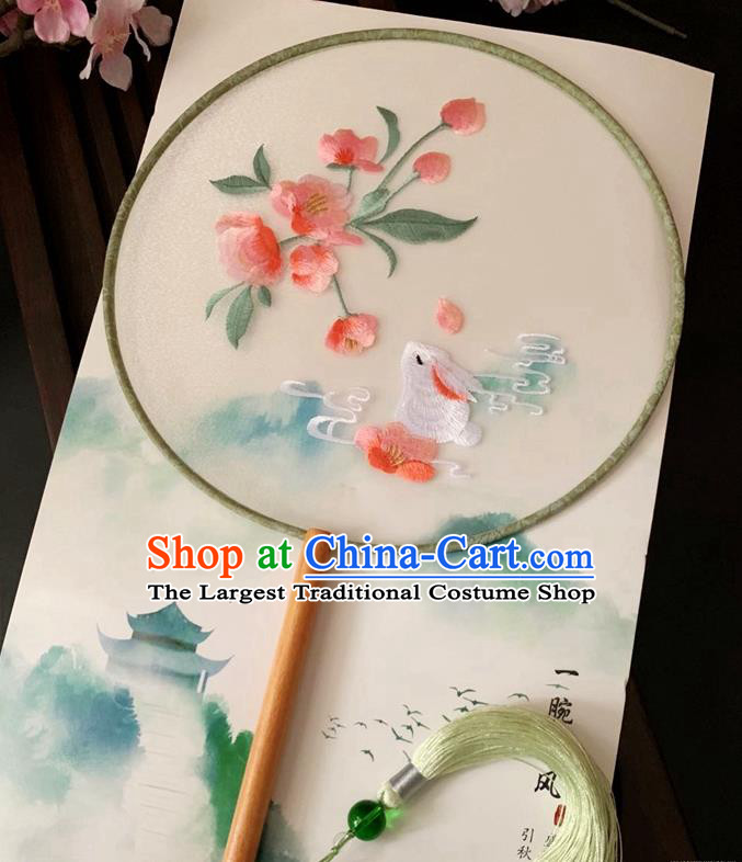 China Traditional Embroidered Rabbit Flowers Palace Fan Handmade Silk Fan Classical Dance Circular Fan