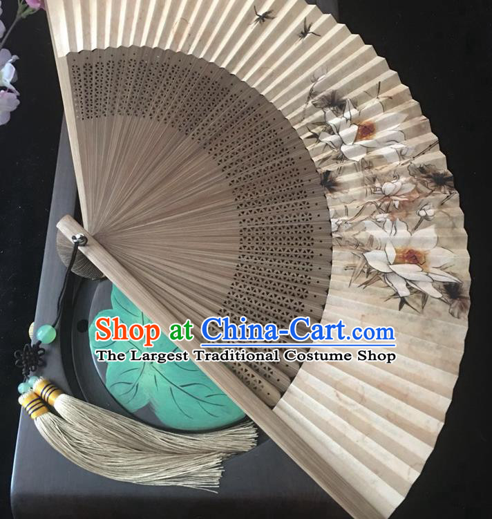 Chinese Handmade Painting Lotus Folding Fan Classical Paper Accordion Brown Bamboo Fan