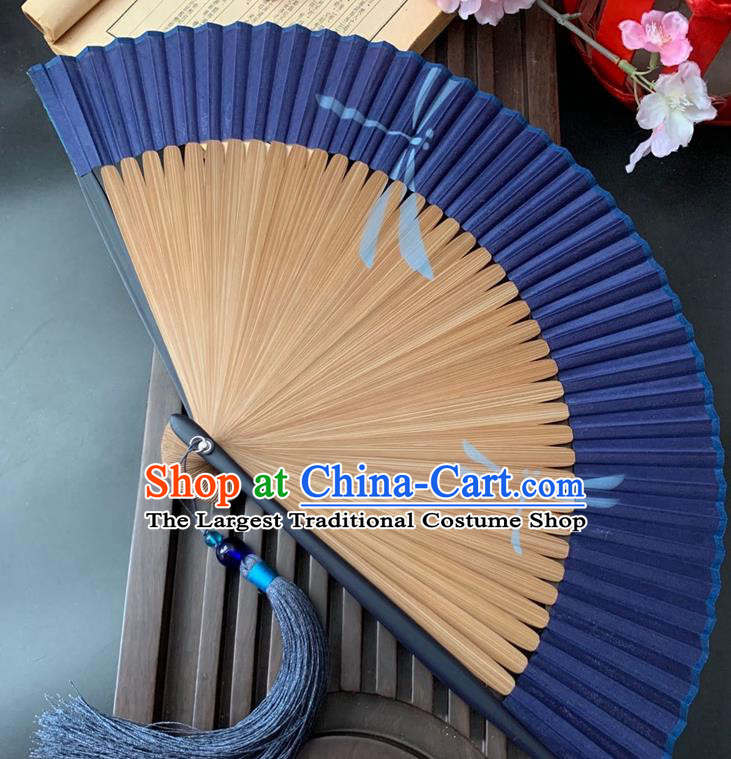 Chinese Handmade Royalblue Folding Fan Classical Silk Accordion Bamboo Fan