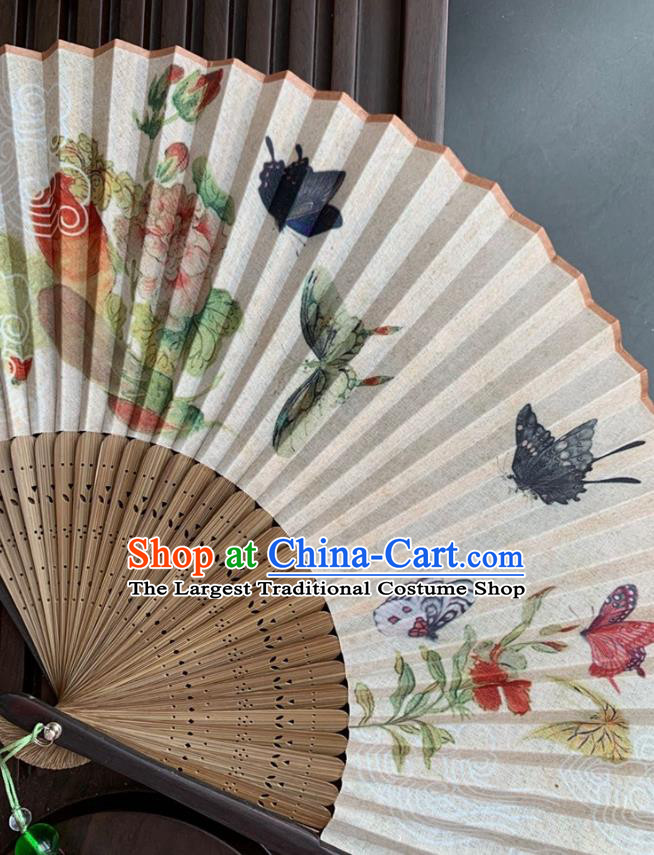 Chinese Handmade Bamboo Fan Classical Silk Accordion Printing Peony Butterfly Folding Fan