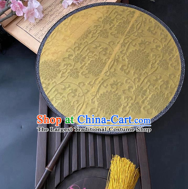China Classical Hanfu Circular Fan Traditional Song Dynasty Palace Fan Handmade Jacquard Yellow Silk Fan