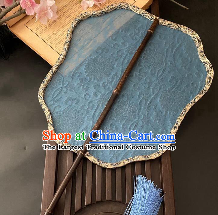 China Handmade Jacquard Peony Blue Silk Fan Traditional Ancient Song Dynasty Palace Fan Classical Hanfu Fan