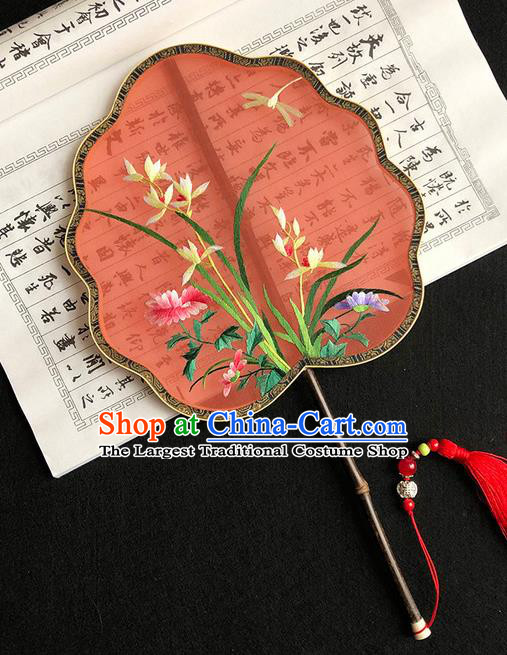 China Handmade Embroidered Orchids Palace Fan Traditional Hanfu Fan Red Silk Fan Classical Dance Fan