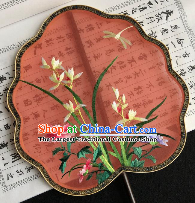 China Handmade Embroidered Orchids Palace Fan Traditional Hanfu Fan Red Silk Fan Classical Dance Fan