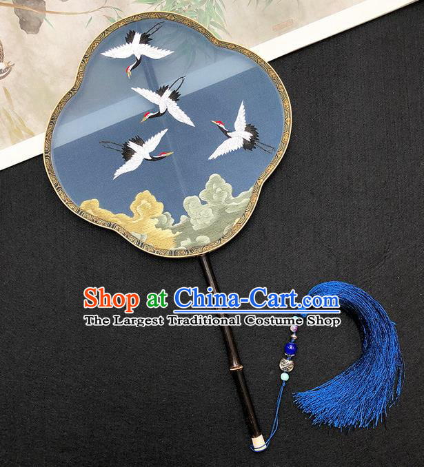 China Traditional Hanfu Fan Classical Dance Fan Handmade Embroidered Cranes Palace Fan Ancient Princess Blue Silk Fan
