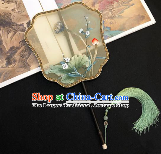 China Traditional Beige Silk Fan Hanfu Fan Classical Dance Fan Handmade Embroidered Lotus Palace Fan