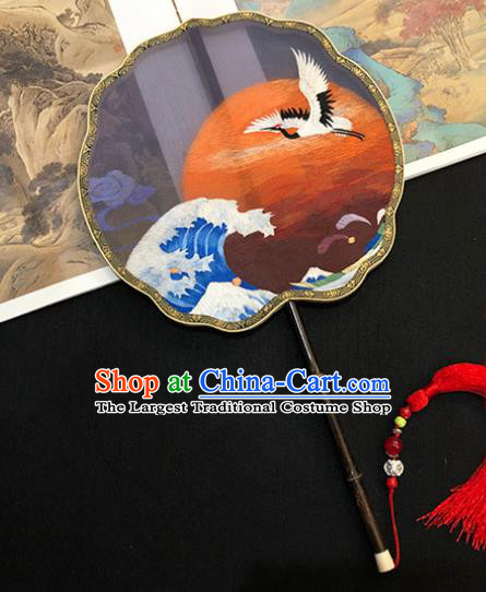 China Handmade Embroidered Wave Crane Palace Fan Traditional Silk Fan Hanfu Fan Classical Dance Fan