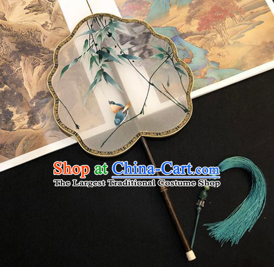 China Handmade Embroidered Bamboo Bird Palace Fan Classical Dance Fan Traditional Silk Fan Hanfu Fan