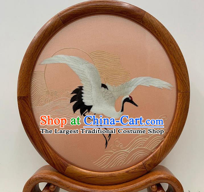 Chinese Handmade Palisander Ornament Embroidered Table Screen Traditional Suzhou Embroidery Crane Silk Craft