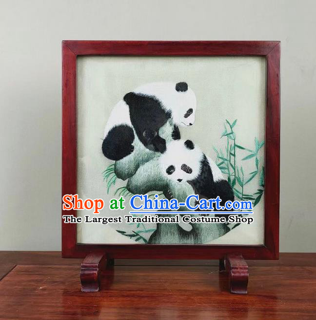 Chinese Handmade Rosewood Ornament Embroidered Panda Table Screen Traditional Embroidery Silk Craft