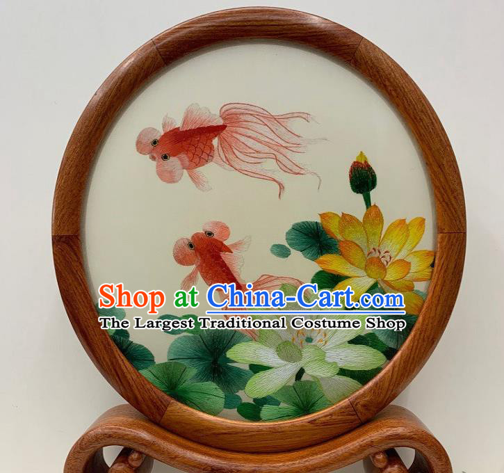 Chinese Embroidered Goldfish Lotus Table Screen Handmade Palisander Craft Traditional Embroidery Double Side Desk Decoration