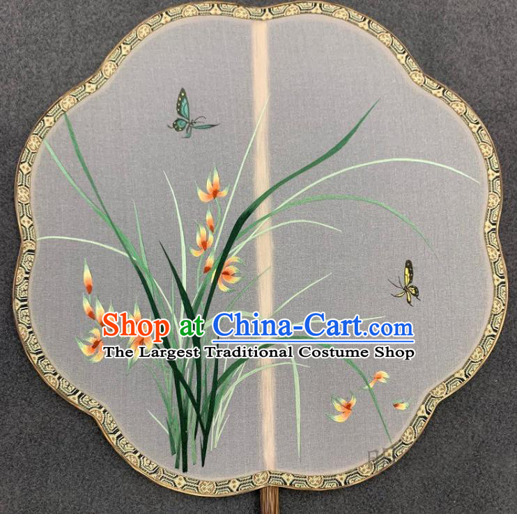China Traditional Embroidery Orchids Silk Fan Classical Hanfu Bamboo Fan Handmade Embroidered Palace Fan