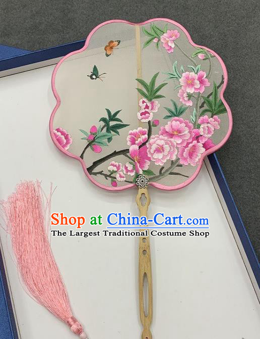 China Classical Hanfu Fan Handmade Embroidered Begonia Palace Fan Traditional Double Side Embroidery Silk Fan