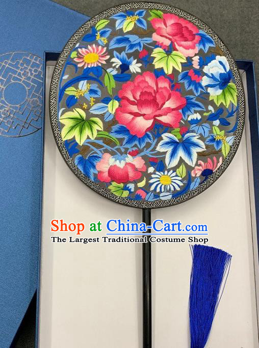 China Handmade Embroidered Palace Fan Traditional Double Side Embroidery Peony Fan Classical Hanfu Silk Fan