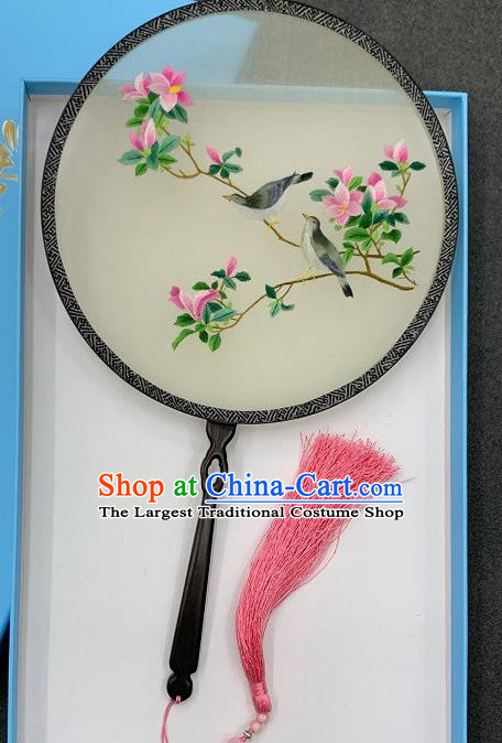 China Handmade Double Side Embroidery Peach Flowers Palace Fan Circular Fan Beige Silk Fan