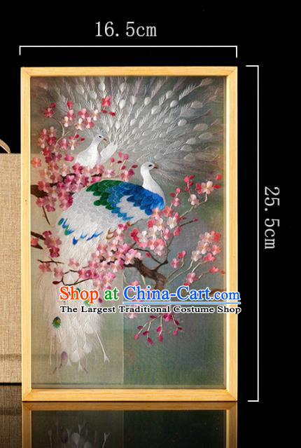 Chinese Cocobolo Decoration Painting Traditional Hunan Embroidery Craft Handmade Embroidered White Peacock Silk Painting