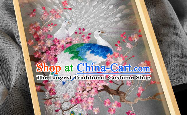 Chinese Cocobolo Decoration Painting Traditional Hunan Embroidery Craft Handmade Embroidered White Peacock Silk Painting
