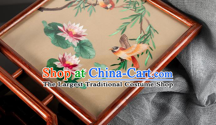 Chinese Traditional Hunan Embroidery Lotus Table Screen Handmade Embroidered Silk Craft Merbau Desk Decoration
