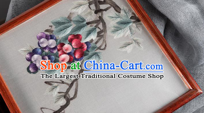Chinese Merbau Desk Decoration Traditional Hunan Embroidery Grape Table Screen Handmade Embroidered Silk Craft