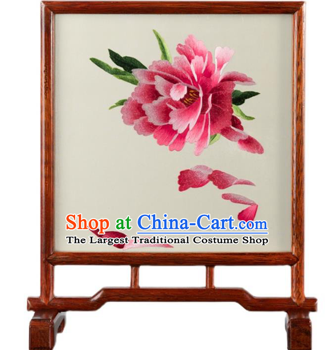 Chinese Handmade Embroidered Craft Merbau Desk Decoration Traditional Hunan Embroidery Peony Silk Table Screen