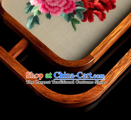 Chinese Handmade Merbau Craft Embroidered Desk Lamp Traditional Hunan Embroidery Peony Table Screen