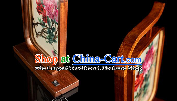Chinese Handmade Merbau Craft Embroidered Desk Lamp Traditional Hunan Embroidery Peony Table Screen
