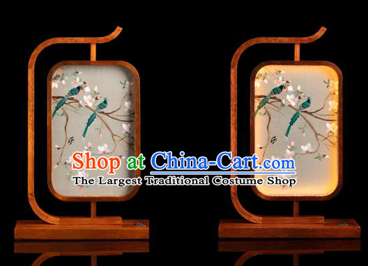 Chinese Embroidered Desk Lamp Traditional Hunan Embroidery Mangnolia Birds Table Screen Handmade Merbau Craft