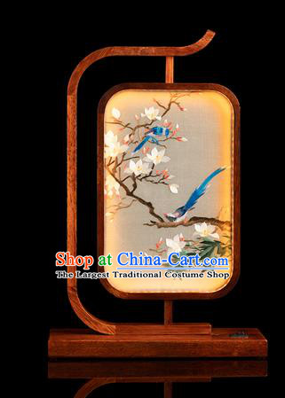 Chinese Traditional Hunan Embroidery Mangnolia Birds Table Screen Handmade Merbau Craft Embroidered Desk Lamp